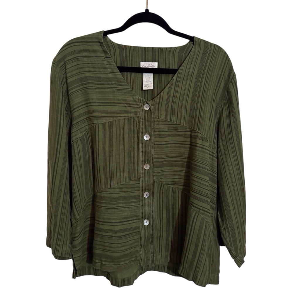Mosaic Medium Green Linen Stripe Button Up Top Blouse Lagenlook Long Sleeve